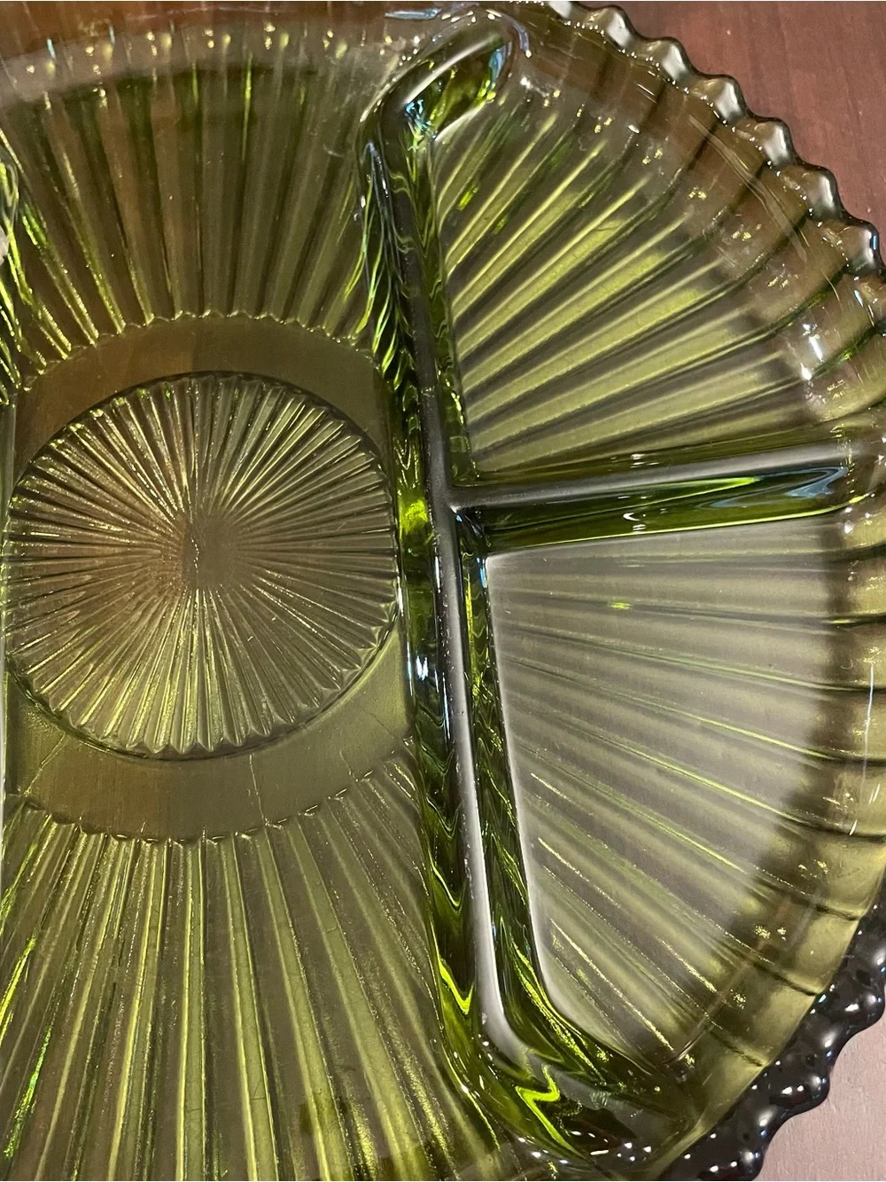 Vintage Indiana Glass Green Round 4 Section Divided Relish Dish Platter 10”